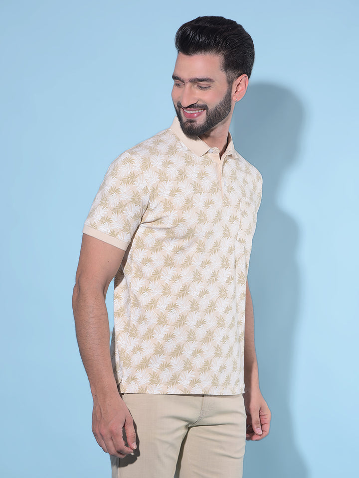 Beige Floral Print Polo T-Shirt-Men T-Shirts-Crimsoune Club
