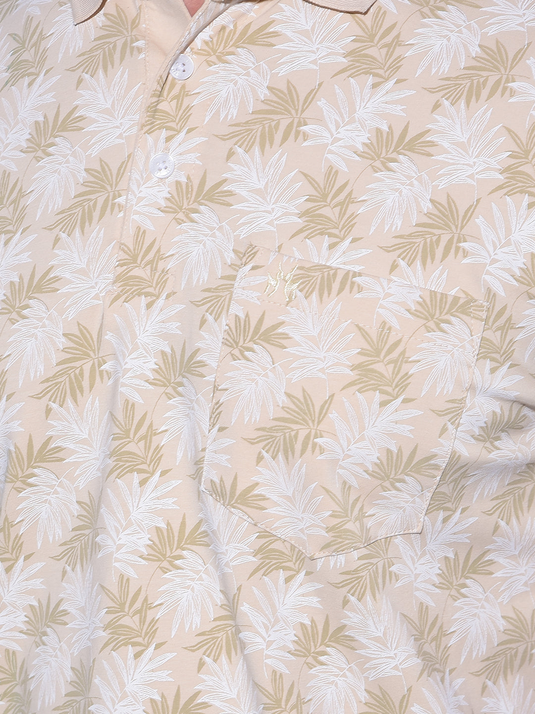 Beige Floral Print Polo T-Shirt-Men T-Shirts-Crimsoune Club