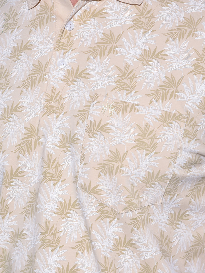Beige Floral Print Polo T-Shirt-Men T-Shirts-Crimsoune Club