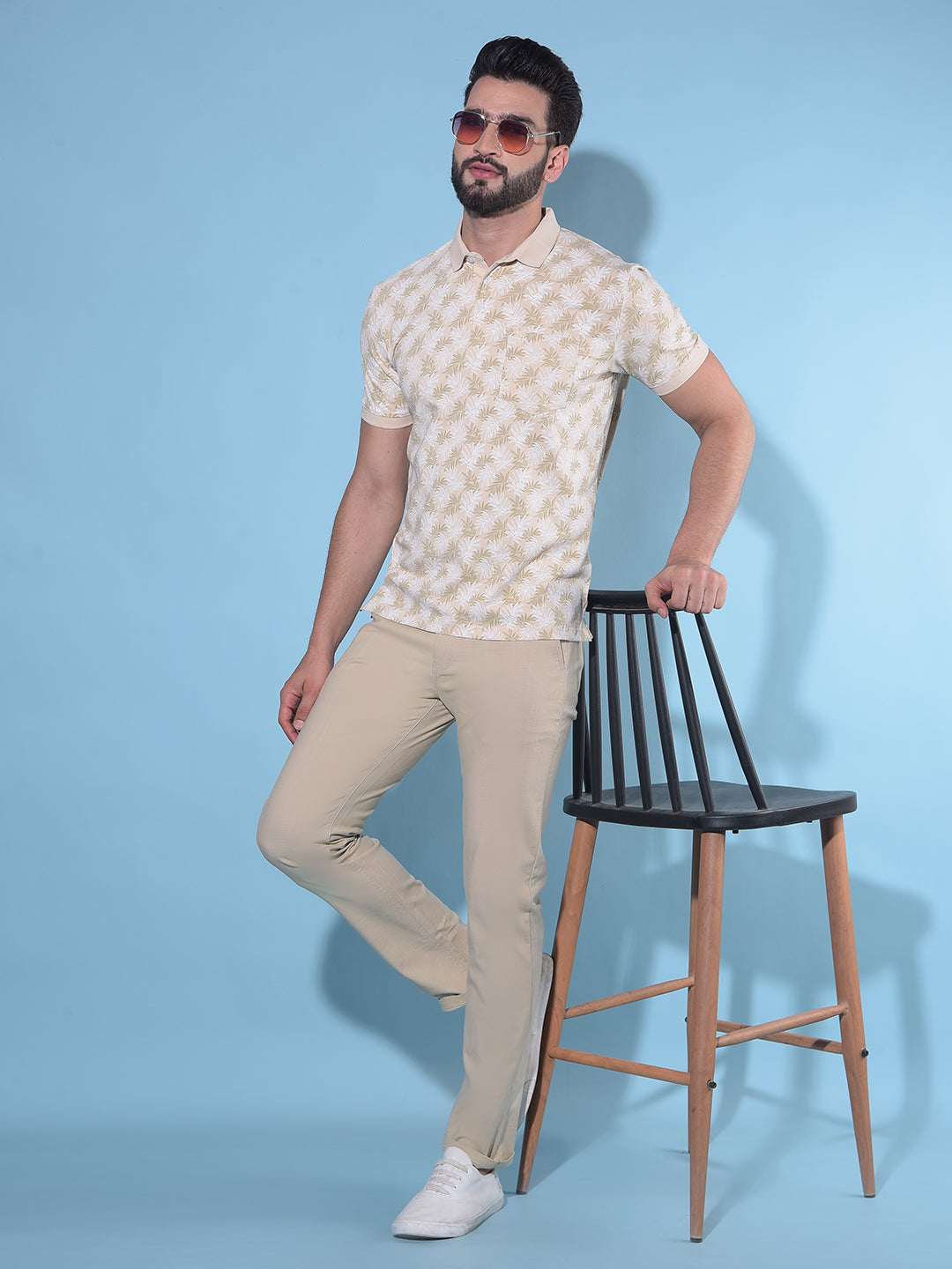 Beige Floral Print Polo T-Shirt-Men T-Shirts-Crimsoune Club