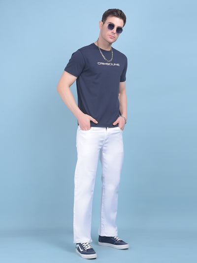 Navy Blue Typographic Print Cotton T-Shirt-Men T-shirts-Crimsoune Club