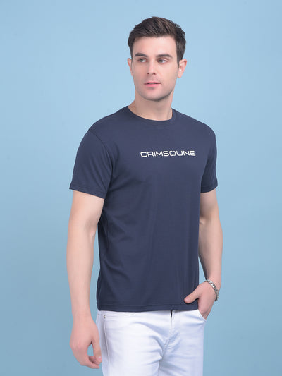 Navy Blue Typographic Print Cotton T-Shirt-Men T-shirts-Crimsoune Club