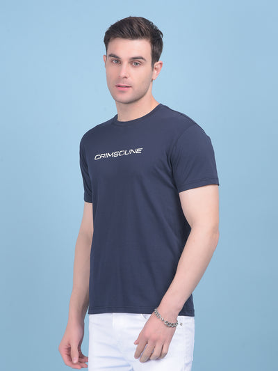 Navy Blue Typographic Print Cotton T-Shirt-Men T-shirts-Crimsoune Club