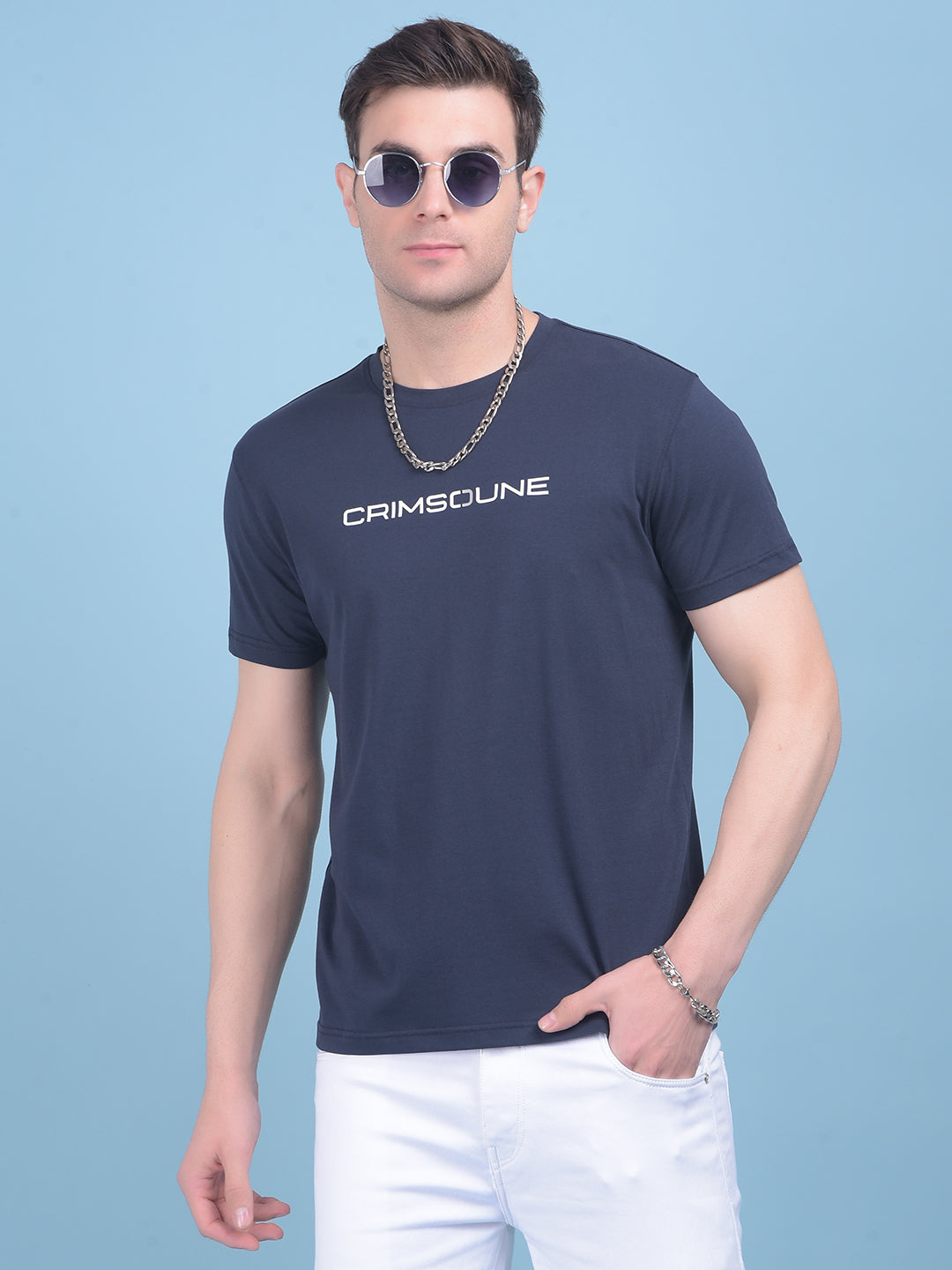 Navy Blue Typographic Print Cotton T-Shirt-Men T-shirts-Crimsoune Club