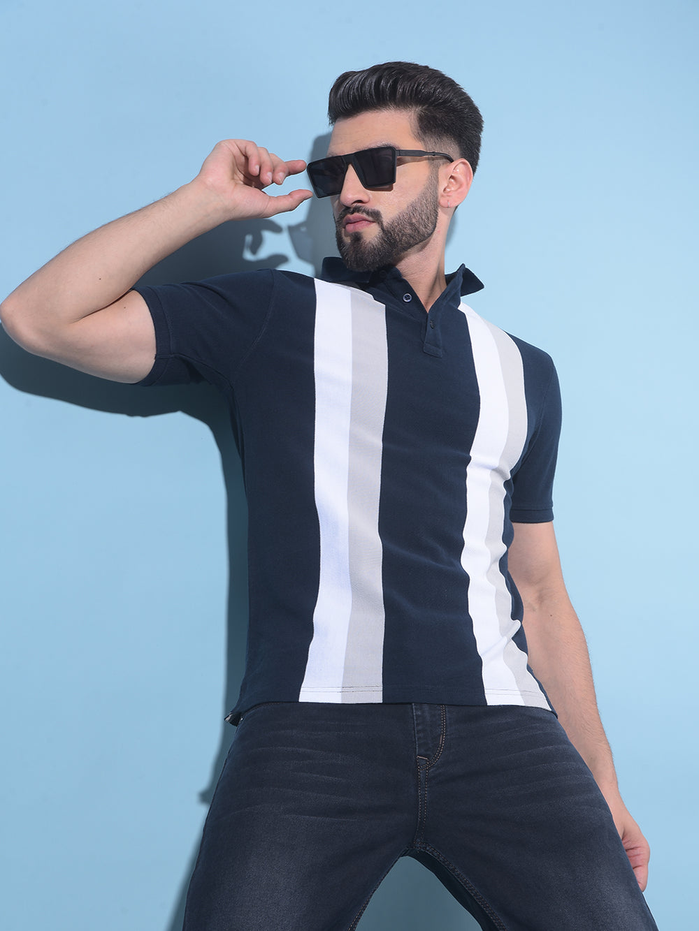 Navy Blue Vertical Striped 100% Cotton Polo T-Shirt-Men T-Shirts-Crimsoune Club