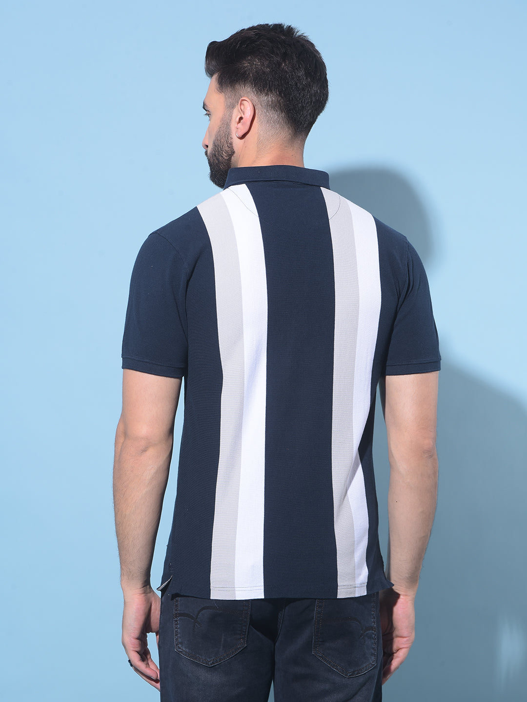 Navy Blue Vertical Striped 100% Cotton Polo T-Shirt-Men T-Shirts-Crimsoune Club