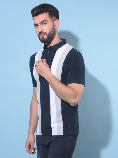 Navy Blue Vertical Striped 100% Cotton Polo T-Shirt-Men T-Shirts-Crimsoune Club