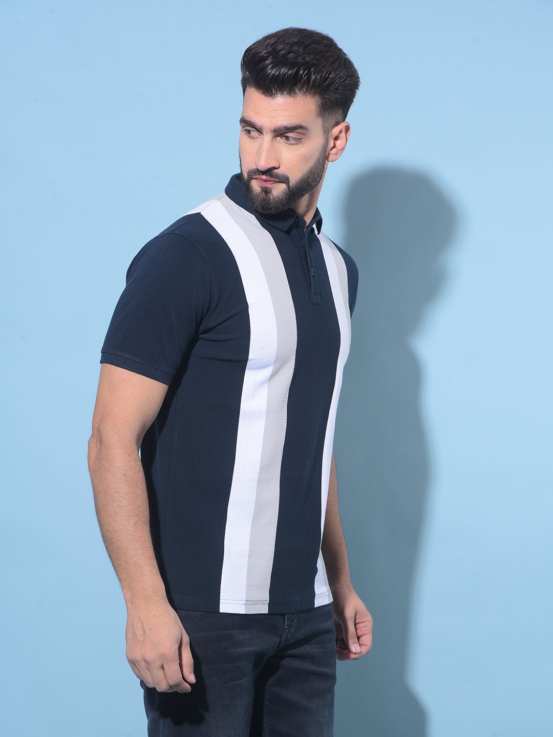 Navy Blue Vertical Striped 100% Cotton Polo T-Shirt-Men T-Shirts-Crimsoune Club