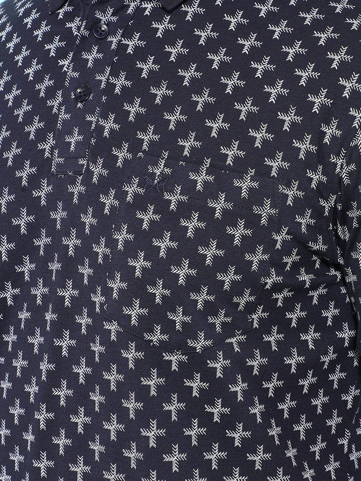 Navy Blue Printed Polo T-Shirt-Men T-Shirts-Crimsoune Club