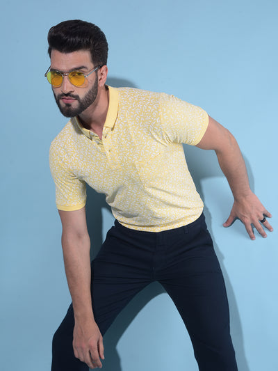 Yellow Floral Print Polo T-Shirt-Men T-Shirts-Crimsoune Club