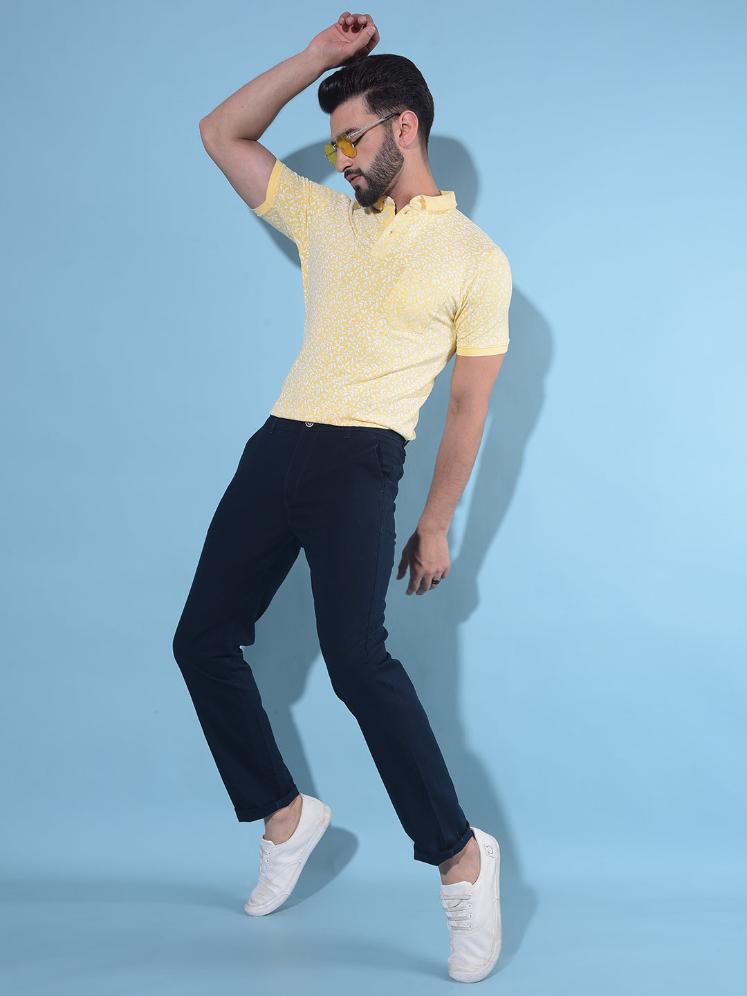 Yellow Floral Print Polo T-Shirt-Men T-Shirts-Crimsoune Club