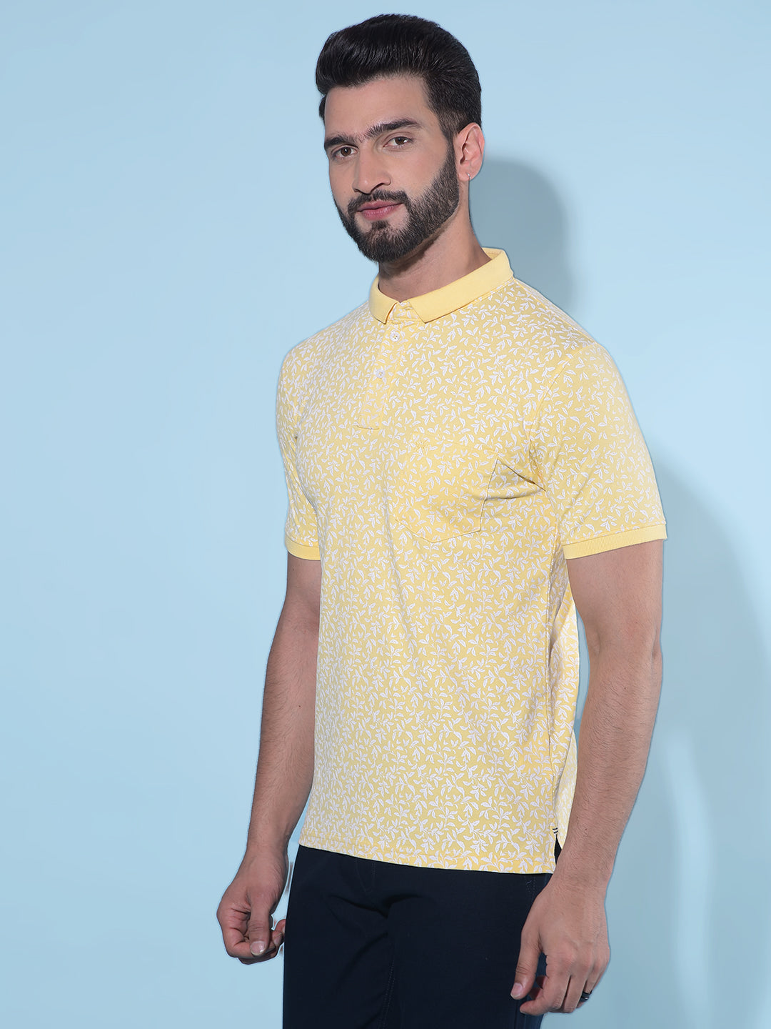 Yellow Floral Print Polo T-Shirt-Men T-Shirts-Crimsoune Club