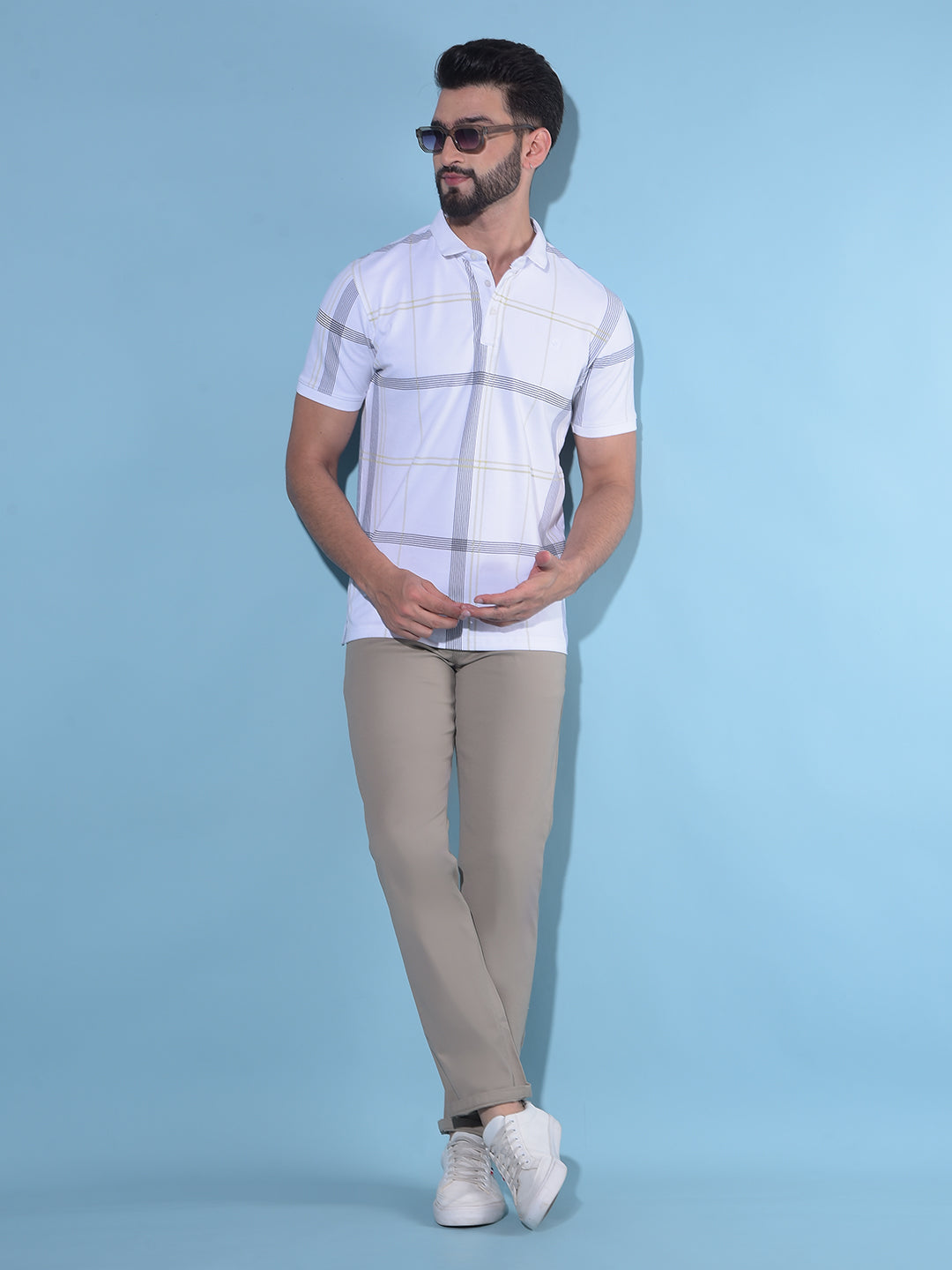 White Tartan Check Polo T-Shirt-Men T-Shirts-Crimsoune Club