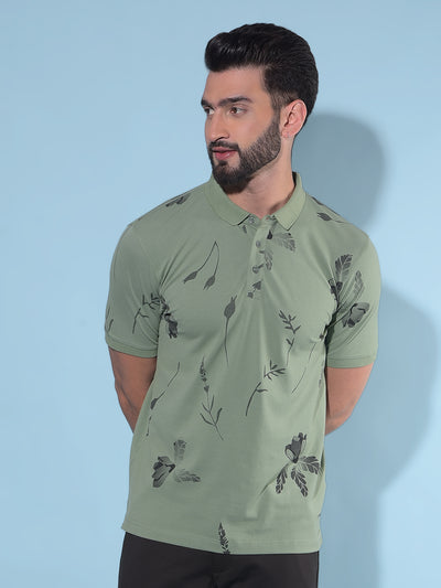 Green Floral Print Polo T-Shirt-Men T-Shirts-Crimsoune Club