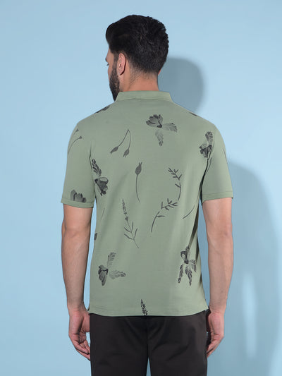 Green Floral Print Polo T-Shirt-Men T-Shirts-Crimsoune Club