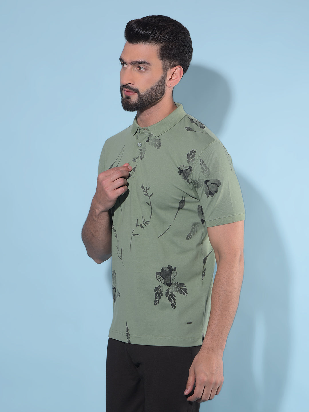 Green Floral Print Polo T-Shirt-Men T-Shirts-Crimsoune Club