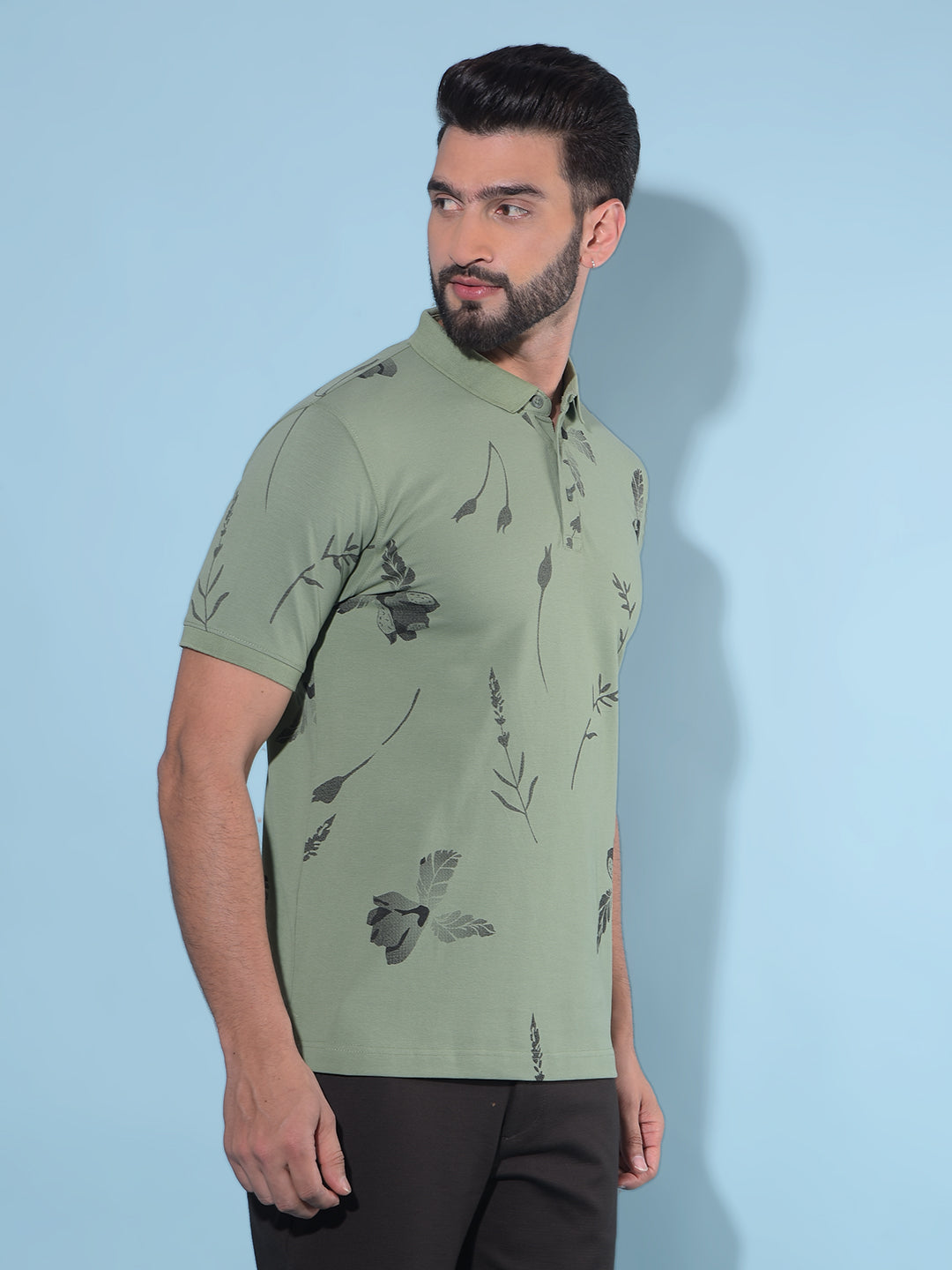 Green Floral Print Polo T-Shirt-Men T-Shirts-Crimsoune Club