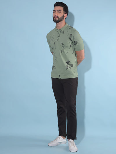 Green Floral Print Polo T-Shirt-Men T-Shirts-Crimsoune Club