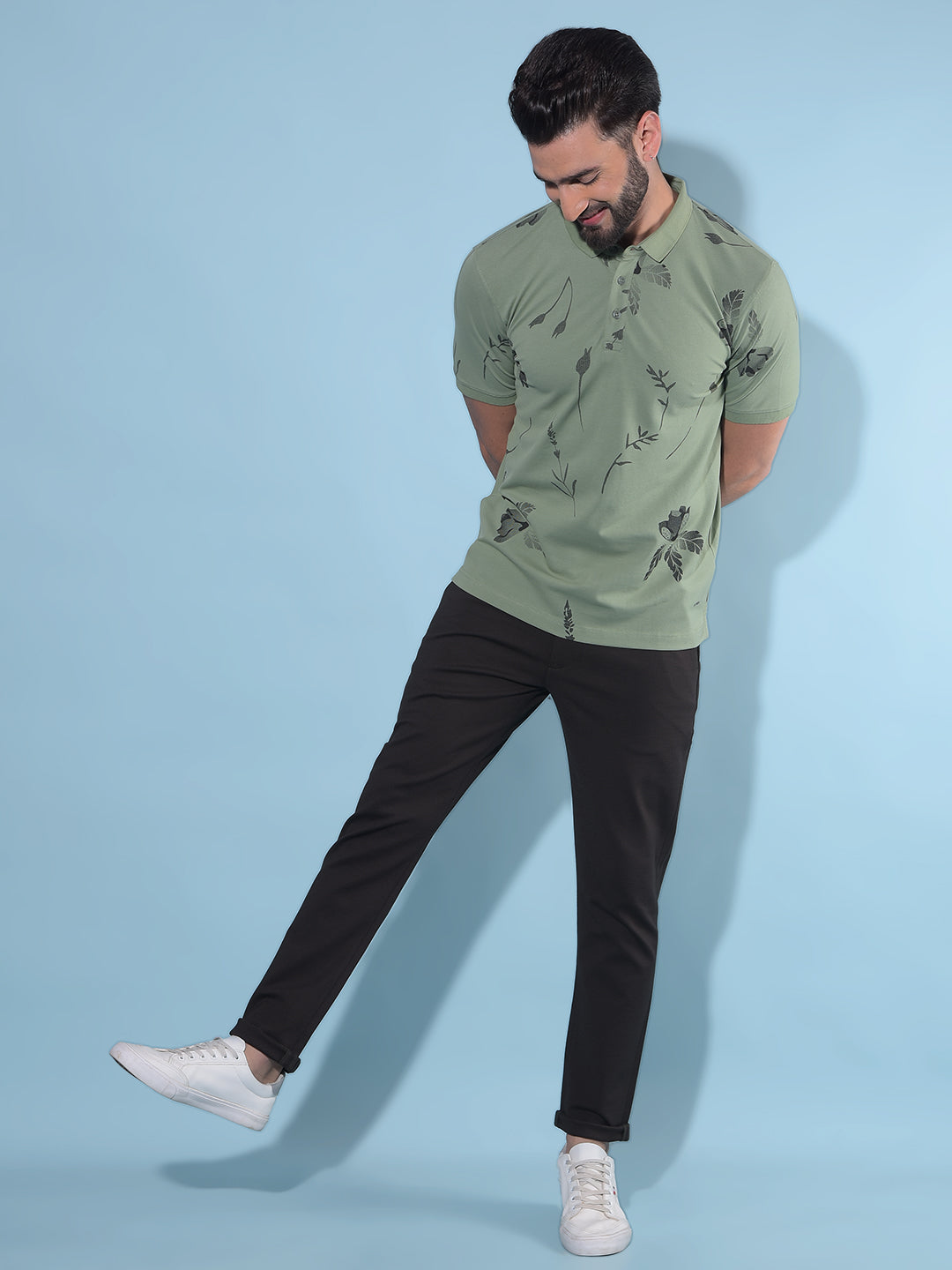 Green Floral Print Polo T-Shirt-Men T-Shirts-Crimsoune Club