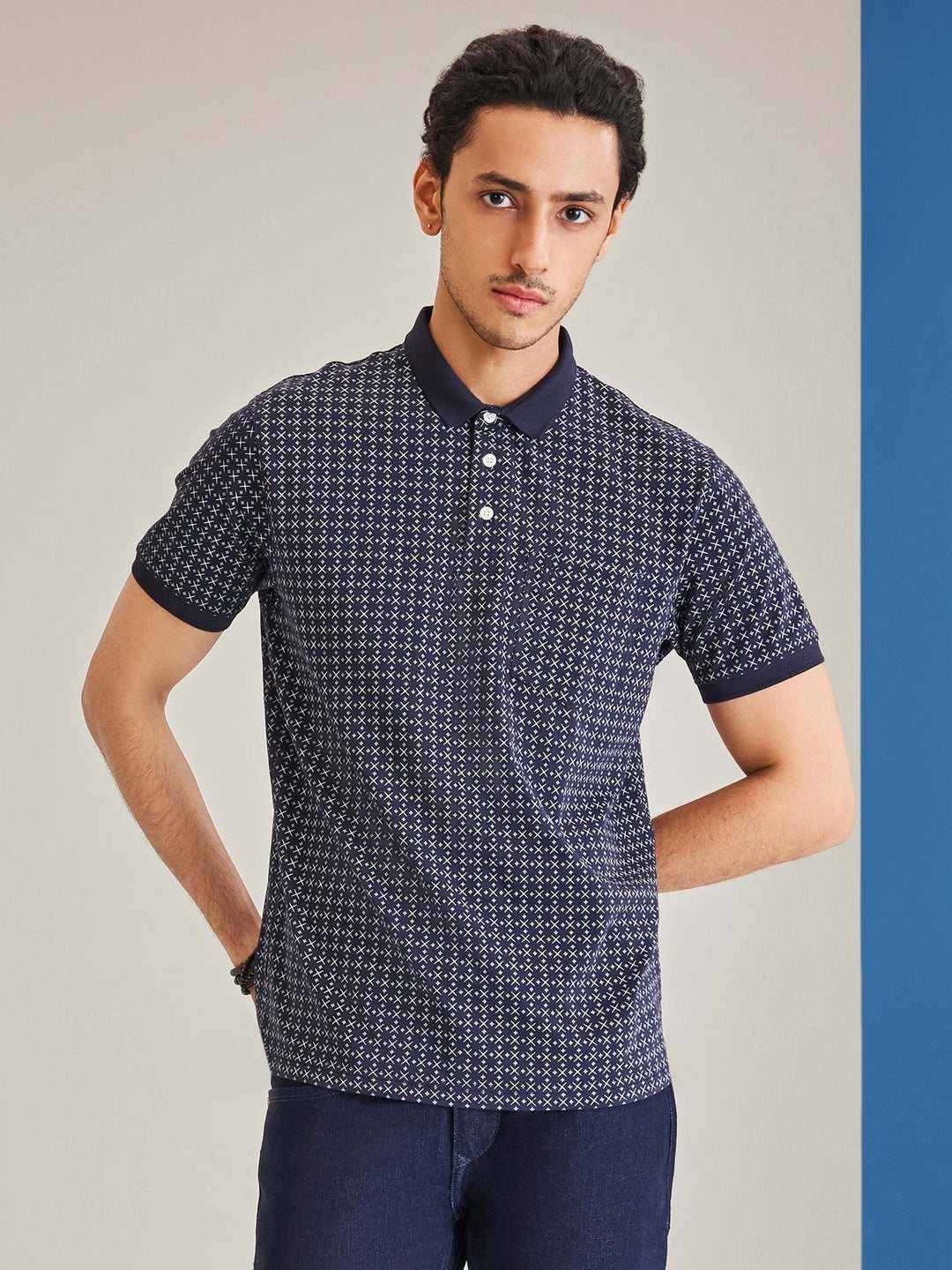 Navy Blue Printed Cotton T-Shirt-Men T-Shirts-Crimsoune Club