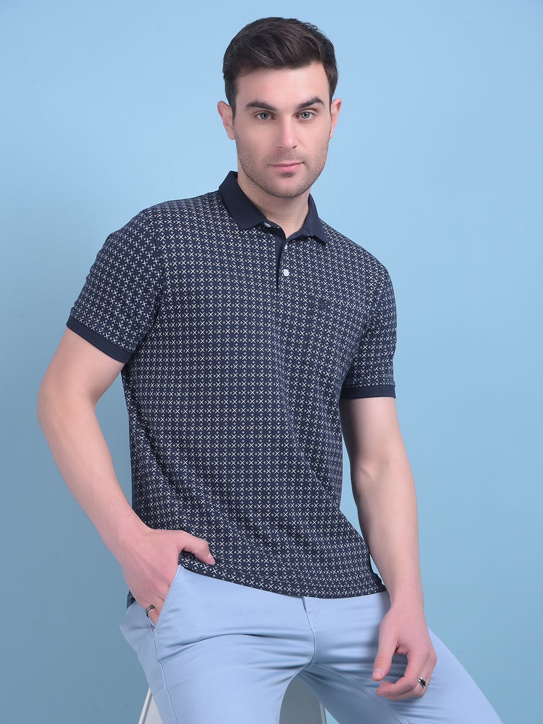 Navy Blue Printed Cotton T-Shirt-Men T-Shirts-Crimsoune Club