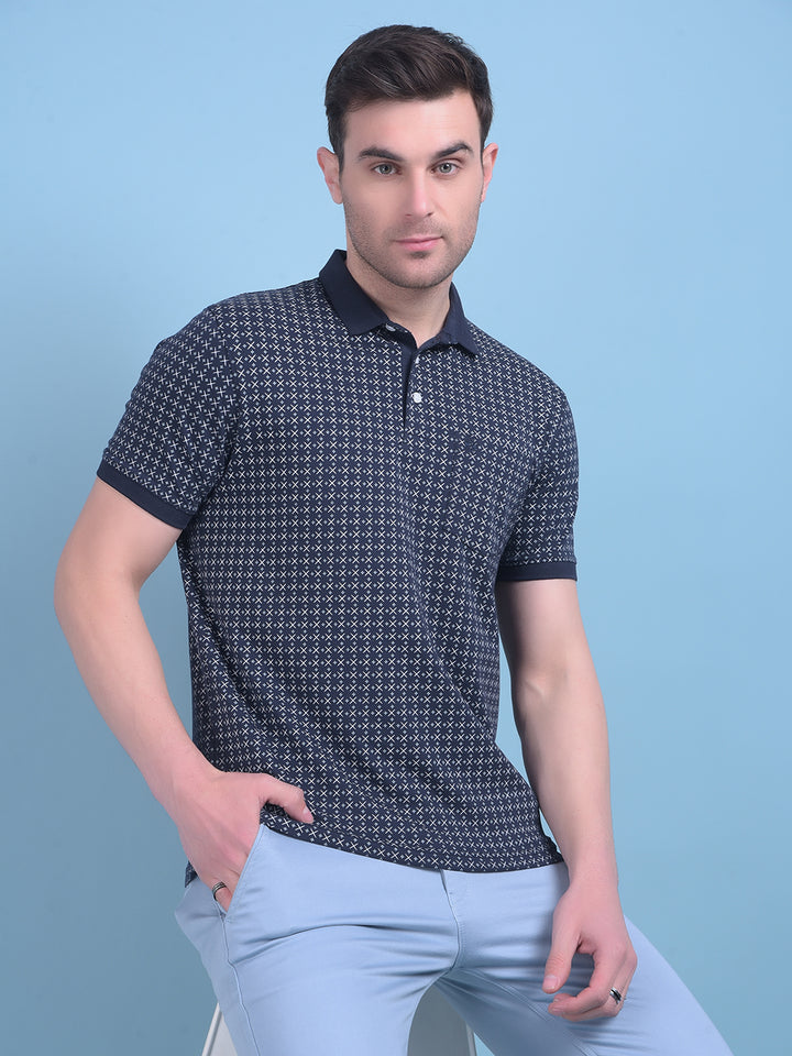 Navy Blue Printed Cotton T-Shirt-Men T-Shirts-Crimsoune Club