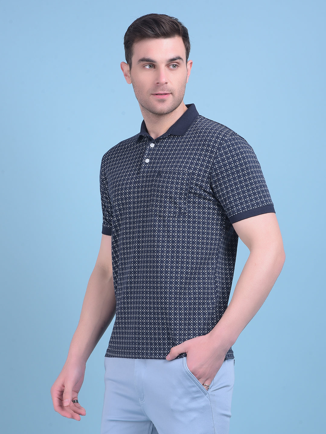 Navy Blue Printed Cotton T-Shirt-Men T-Shirts-Crimsoune Club