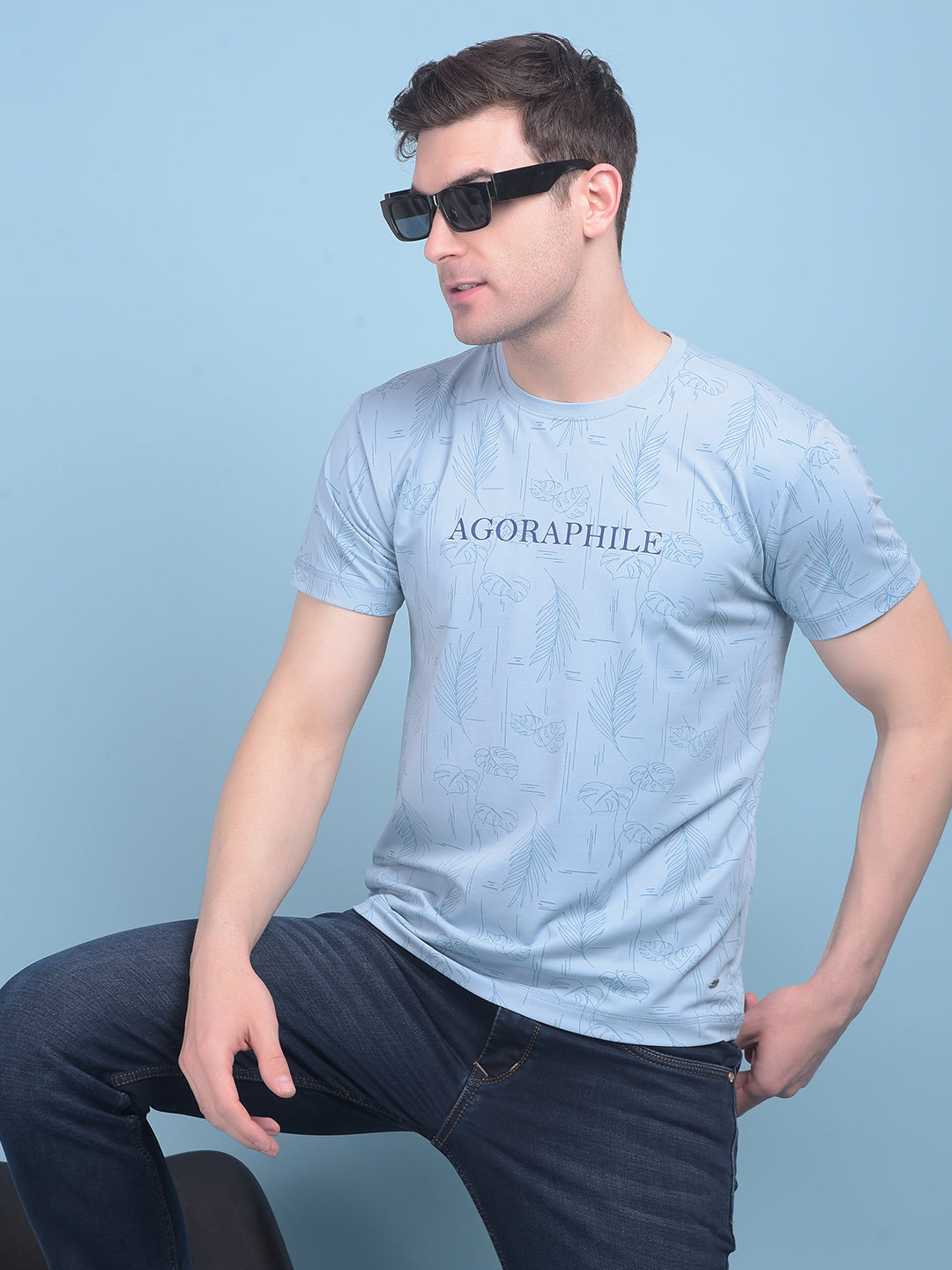 Blue Floral Print T-Shirt-Men T-shirts-Crimsoune Club