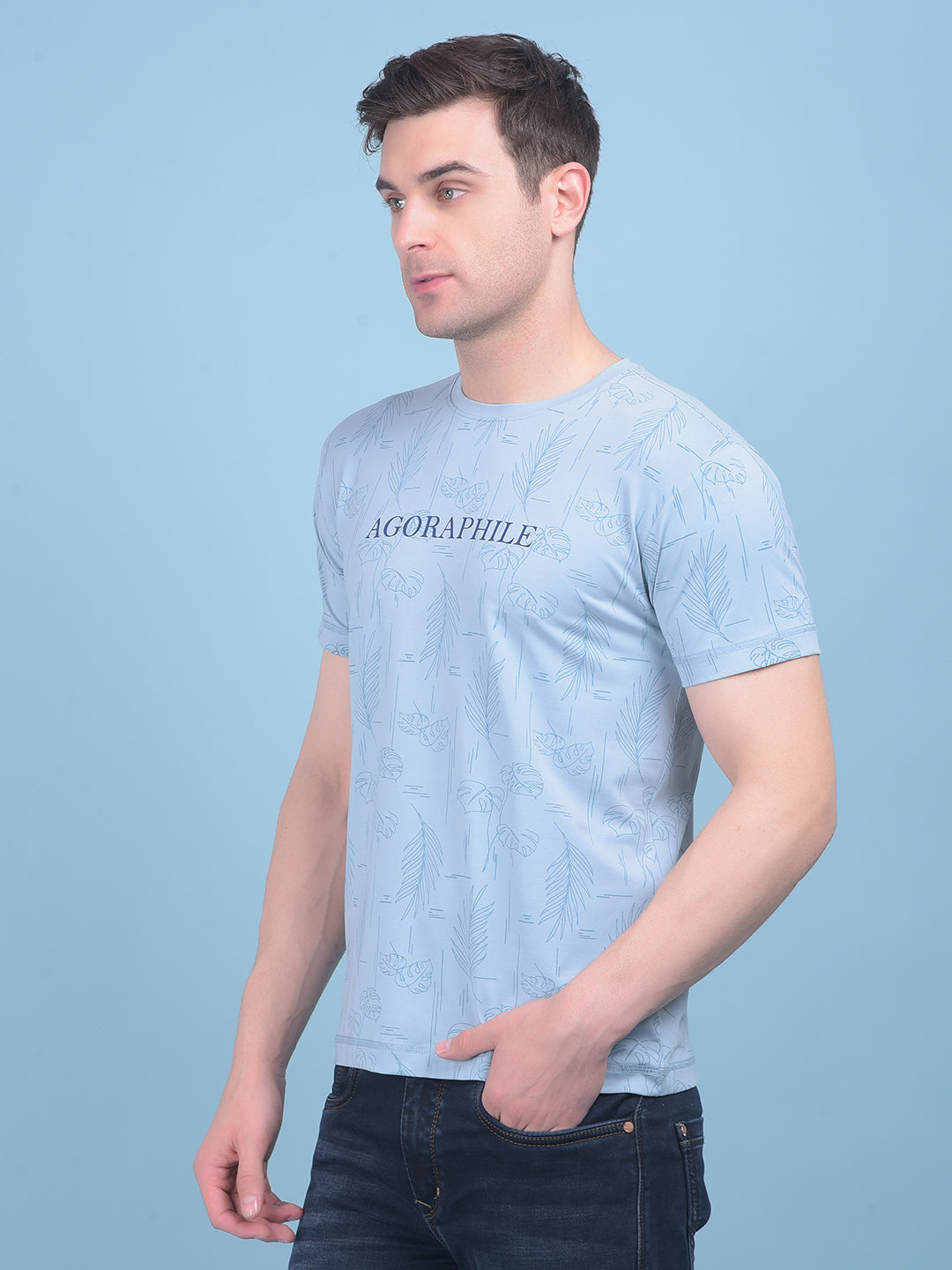 Blue Floral Print T-Shirt-Men T-shirts-Crimsoune Club