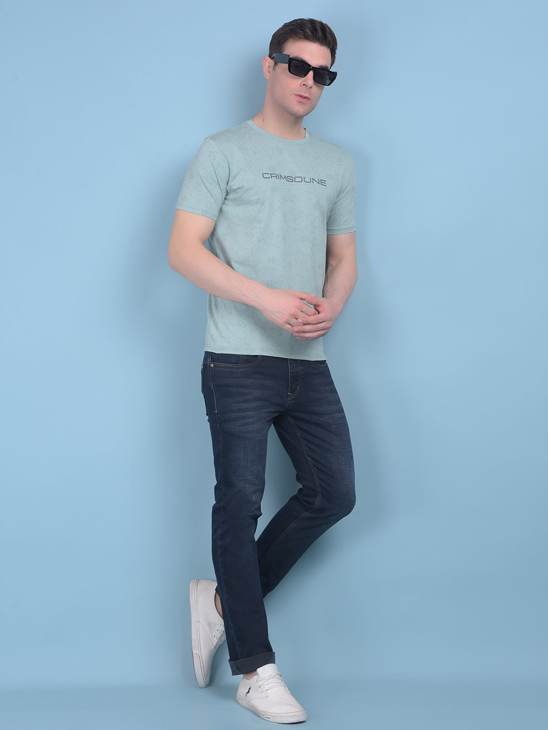 Green Floral Print Cotton T-Shirt-Men T-shirts-Crimsoune Club