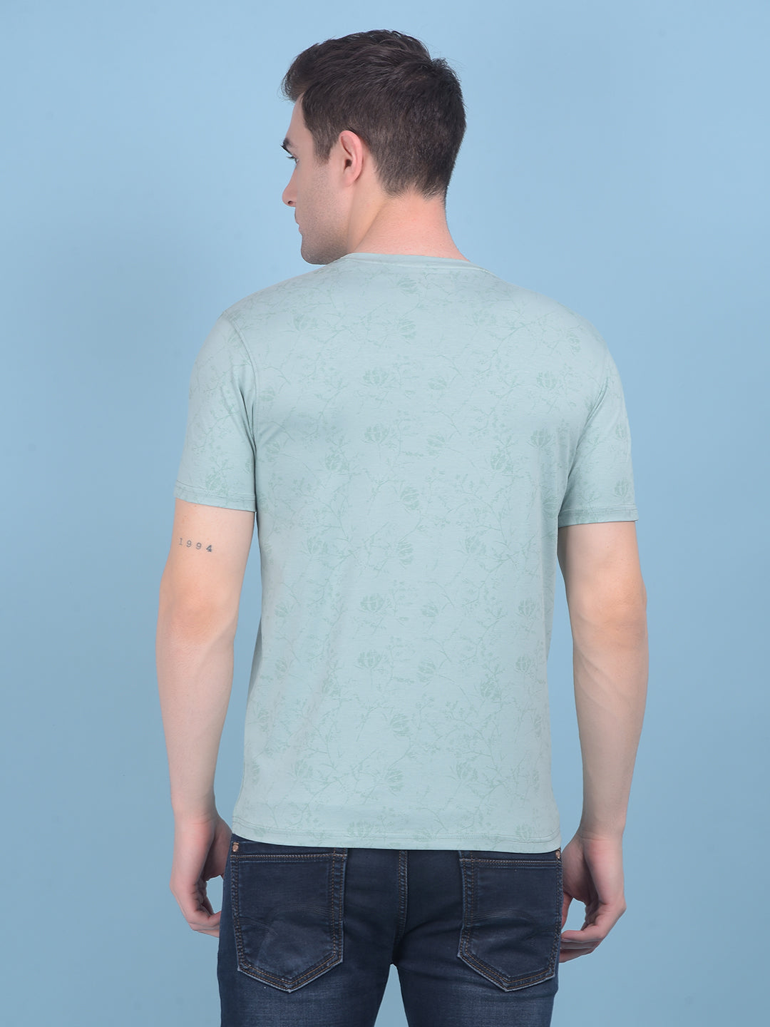 Green Floral Print Cotton T-Shirt-Men T-shirts-Crimsoune Club