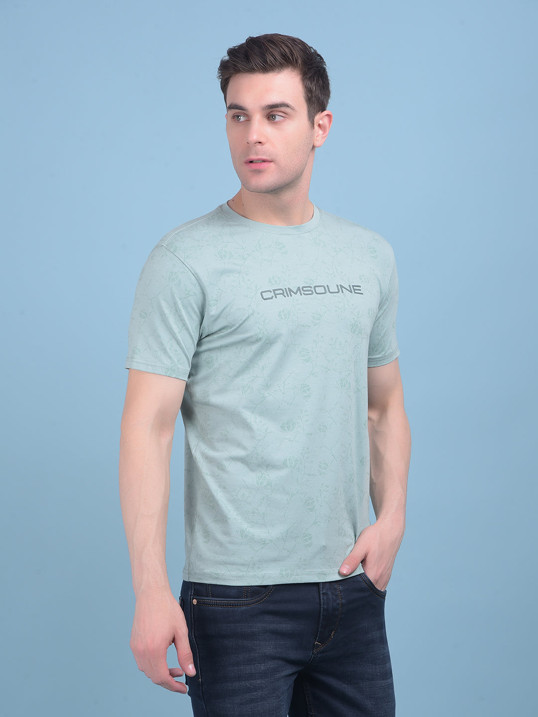 Green Floral Print Cotton T-Shirt-Men T-shirts-Crimsoune Club