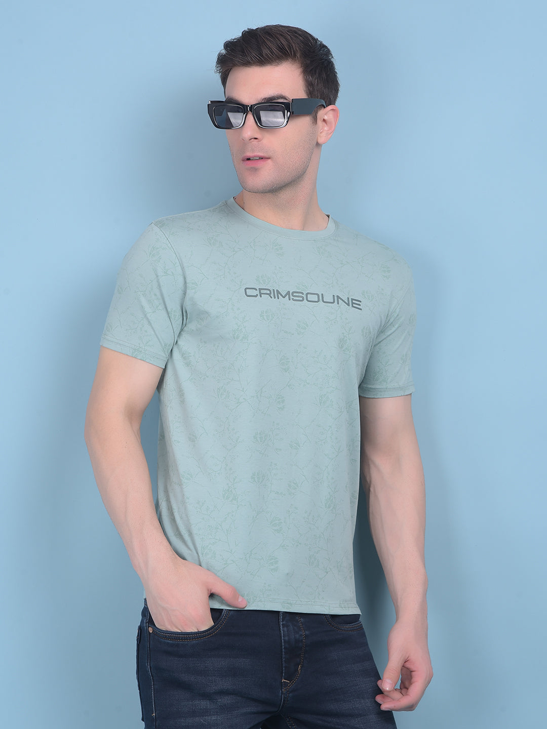 Green Floral Print Cotton T-Shirt-Men T-shirts-Crimsoune Club