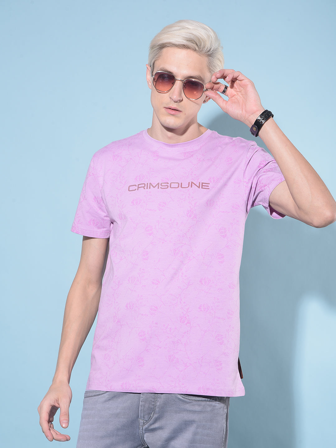 Purple Floral Print Cotton T-Shirt-Men T-Shirts-Crimsoune Club