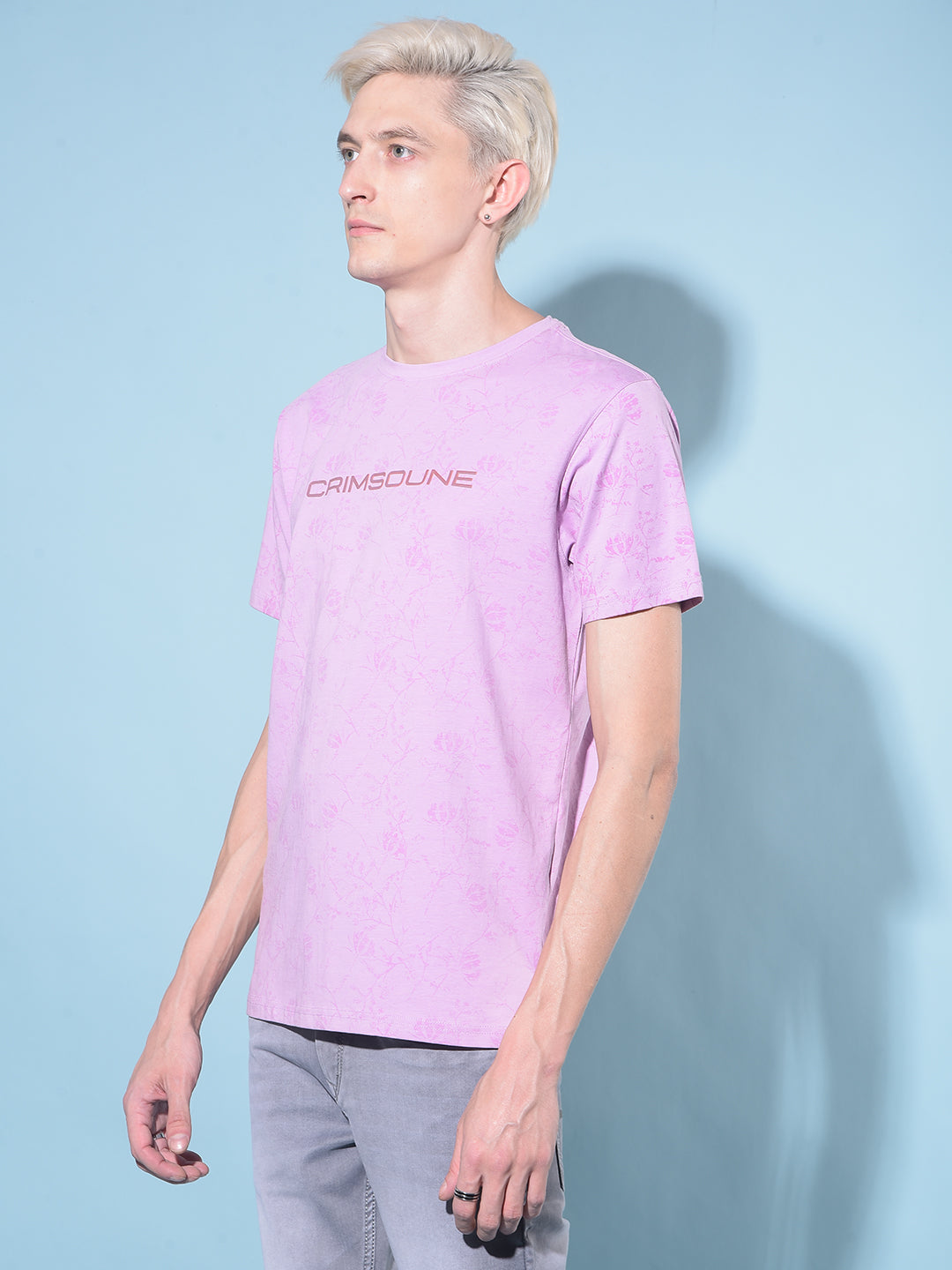 Purple Floral Print Cotton T-Shirt-Men T-Shirts-Crimsoune Club