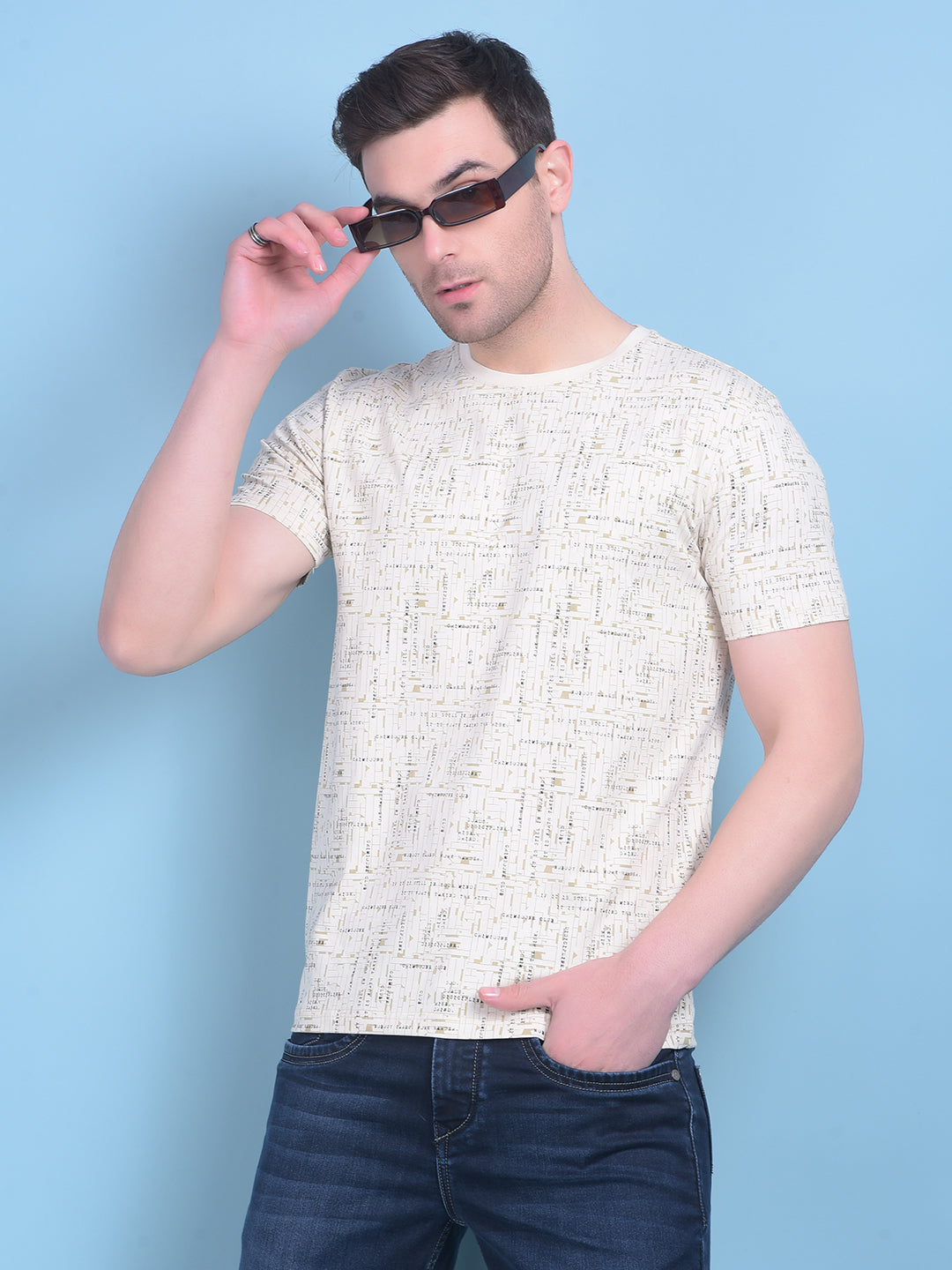 Beige Printed T-Shirt-Men T-Shirts-Crimsoune Club