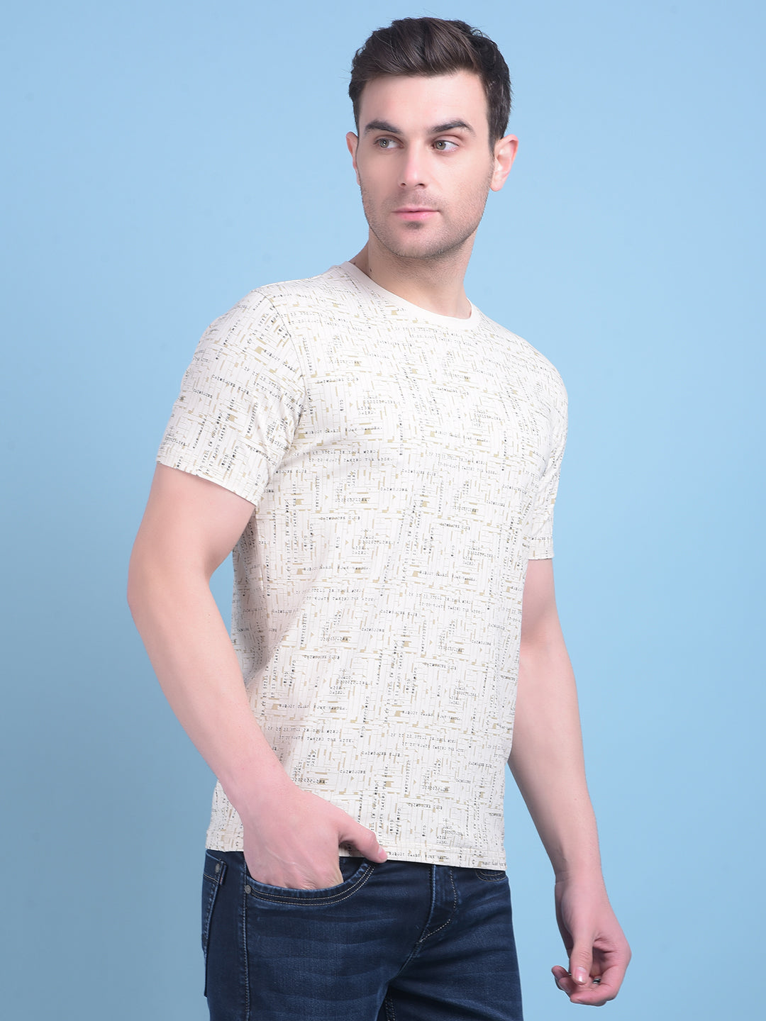 Beige Printed T-Shirt-Men T-Shirts-Crimsoune Club