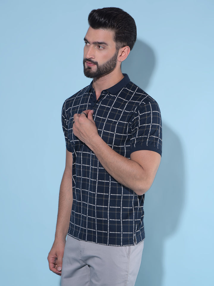 Navy Blue Tartan Check 100% Cotton Polo T-Shirt-Men T-Shirts-Crimsoune Club