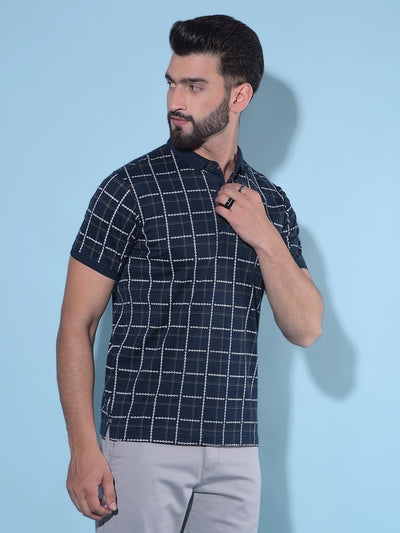 Navy Blue Tartan Check 100% Cotton Polo T-Shirt-Men T-Shirts-Crimsoune Club