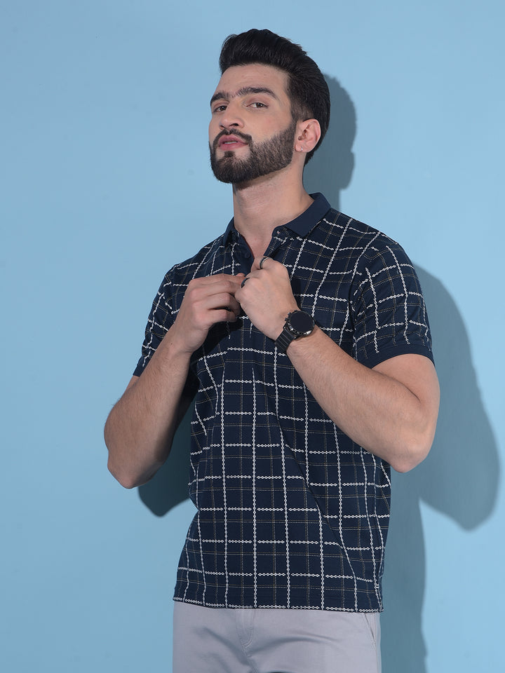 Navy Blue Tartan Check 100% Cotton Polo T-Shirt-Men T-Shirts-Crimsoune Club