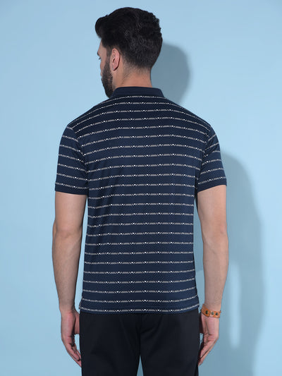 Navy Blue Horizontal Striped 100% Cotton Polo T-Shirt-Men T-Shirts-Crimsoune Club