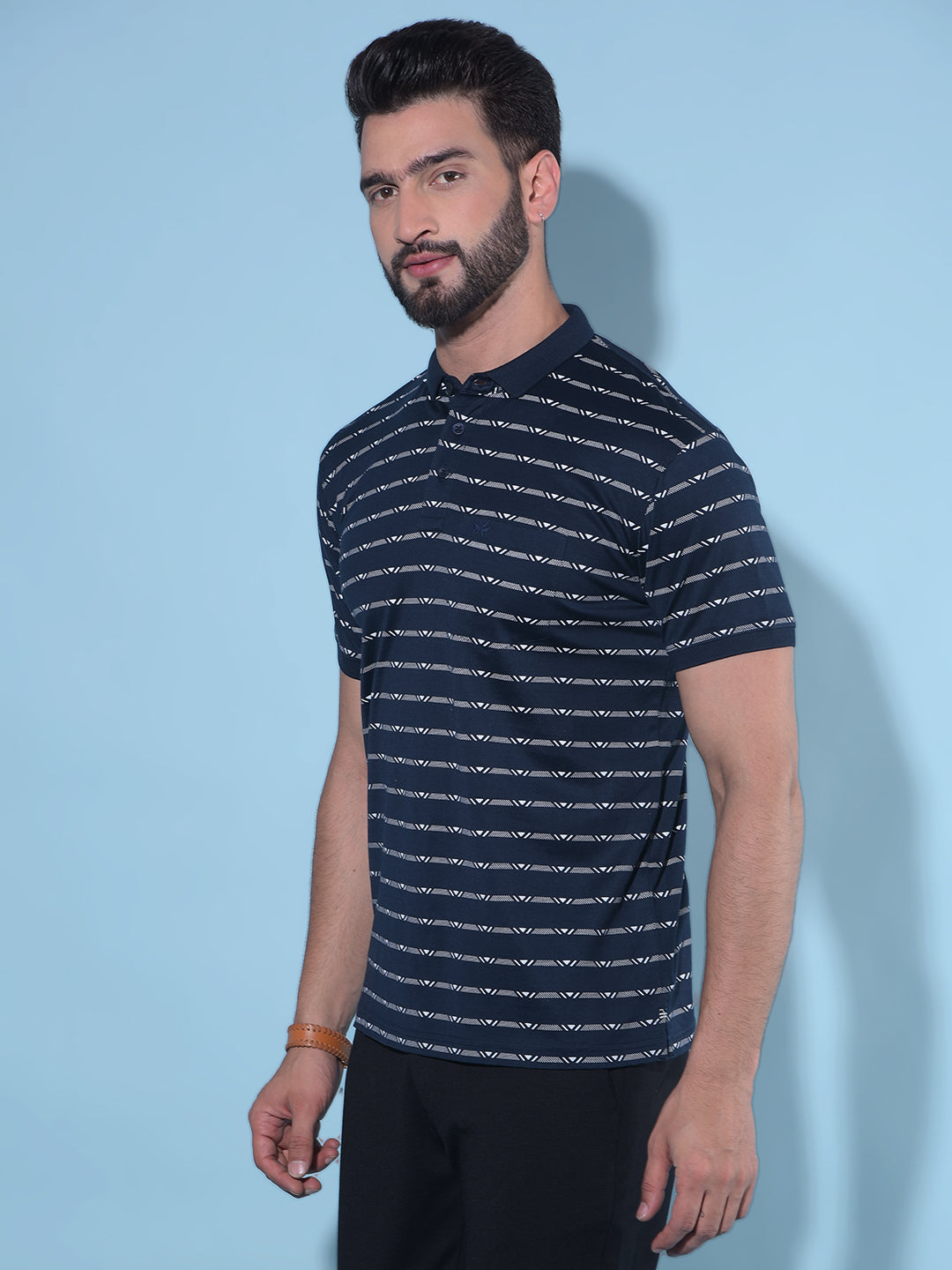 Navy Blue Horizontal Striped 100% Cotton Polo T-Shirt-Men T-Shirts-Crimsoune Club