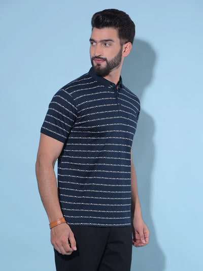 Navy Blue Horizontal Striped 100% Cotton Polo T-Shirt-Men T-Shirts-Crimsoune Club