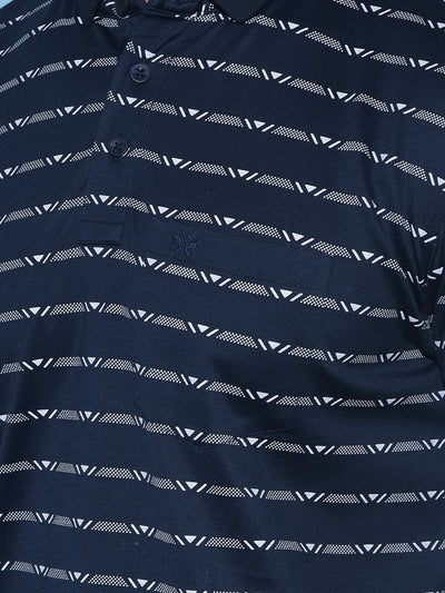 Navy Blue Horizontal Striped 100% Cotton Polo T-Shirt-Men T-Shirts-Crimsoune Club