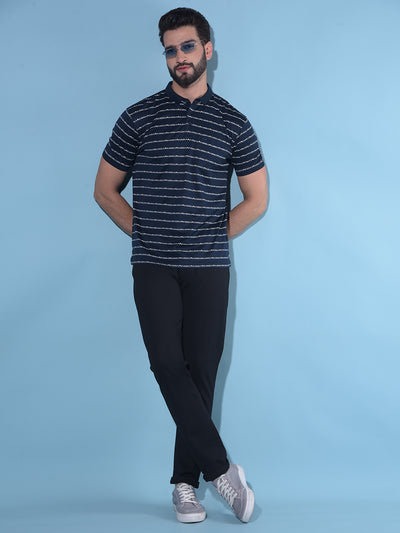 Navy Blue Horizontal Striped 100% Cotton Polo T-Shirt-Men T-Shirts-Crimsoune Club