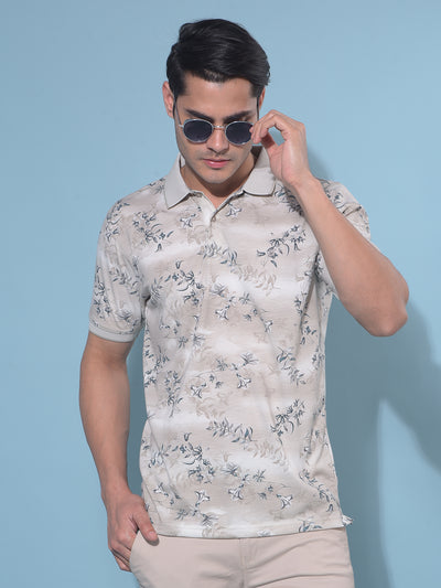 Beige Floral Print T-Shirt-Men T-Shirts-Crimsoune Club