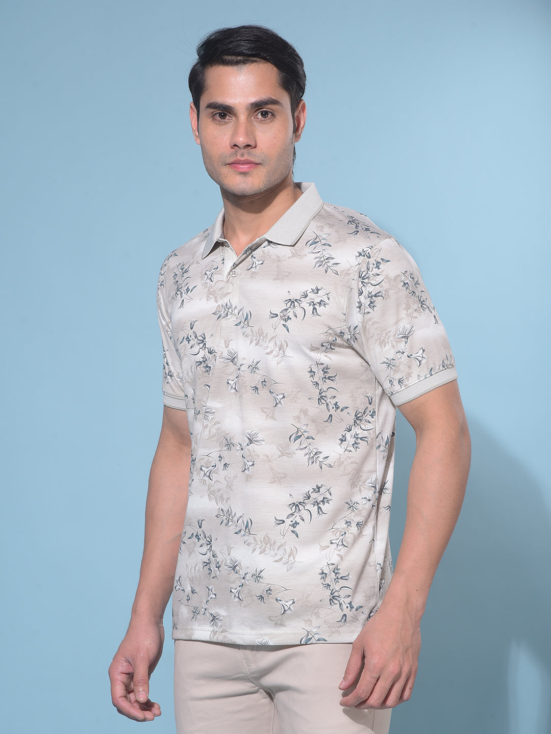 Beige Floral Print T-Shirt-Men T-Shirts-Crimsoune Club