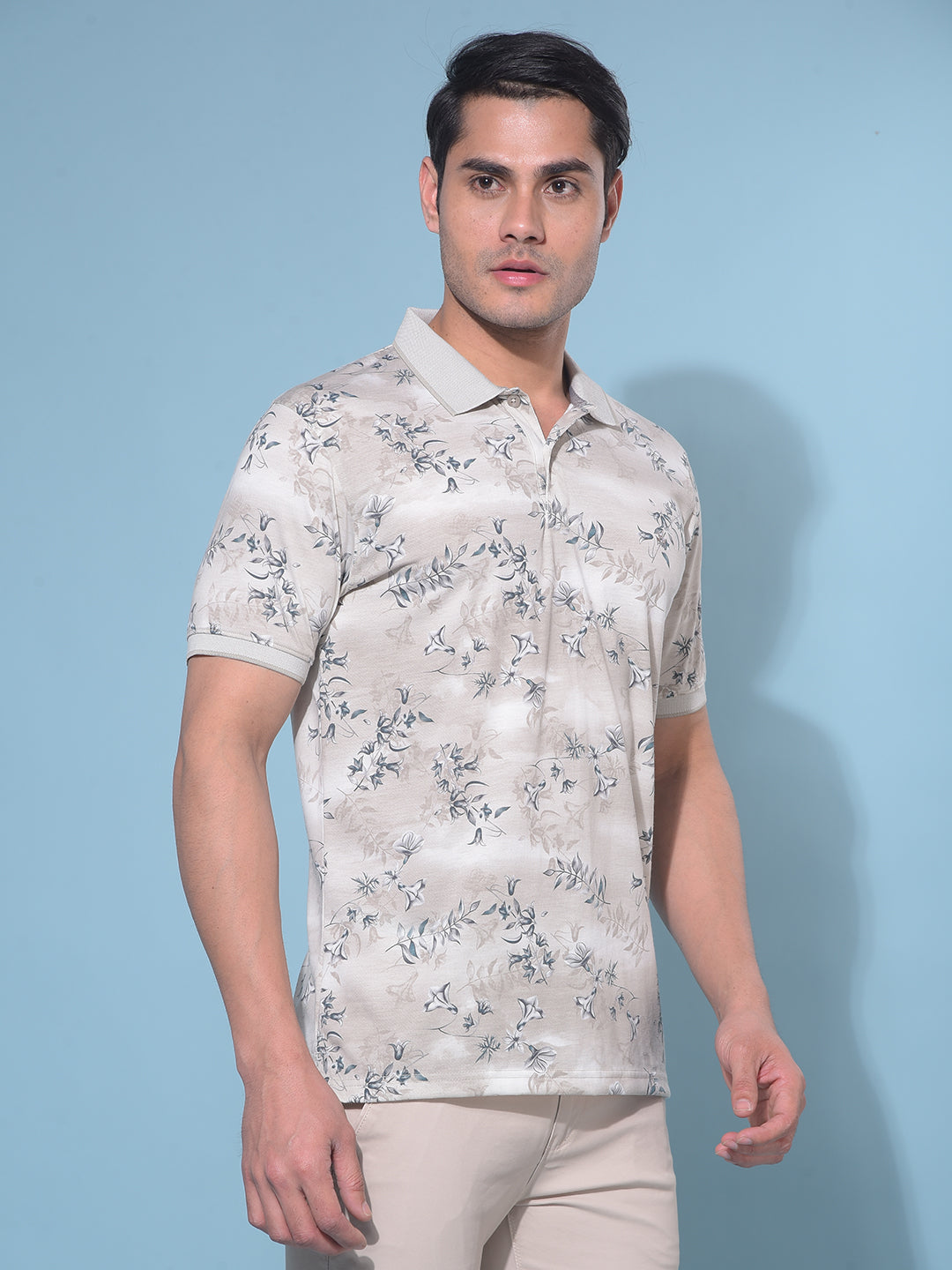 Beige Floral Print T-Shirt-Men T-Shirts-Crimsoune Club