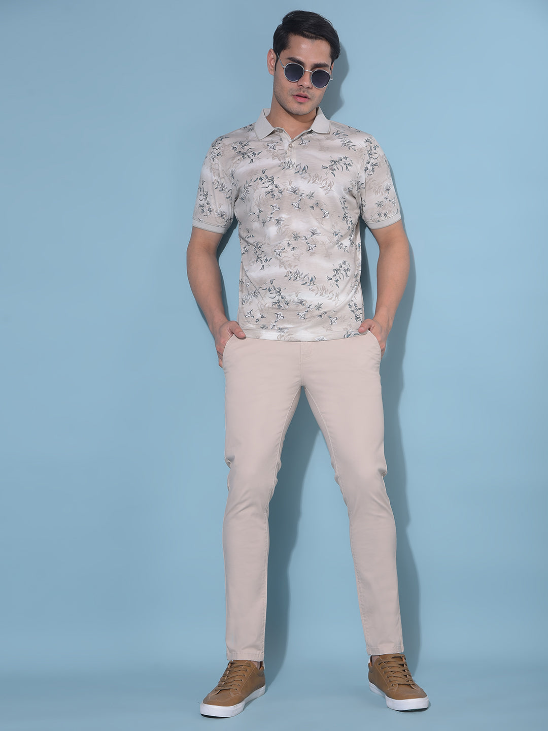 Beige Floral Print T-Shirt-Men T-Shirts-Crimsoune Club