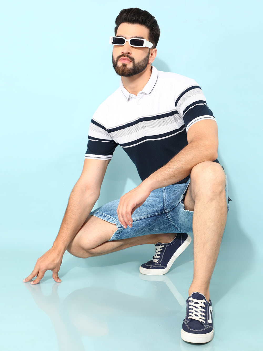 Navy Blue Horizontal Striped Polo T-Shirt-Men T-Shirts-Crimsoune Club